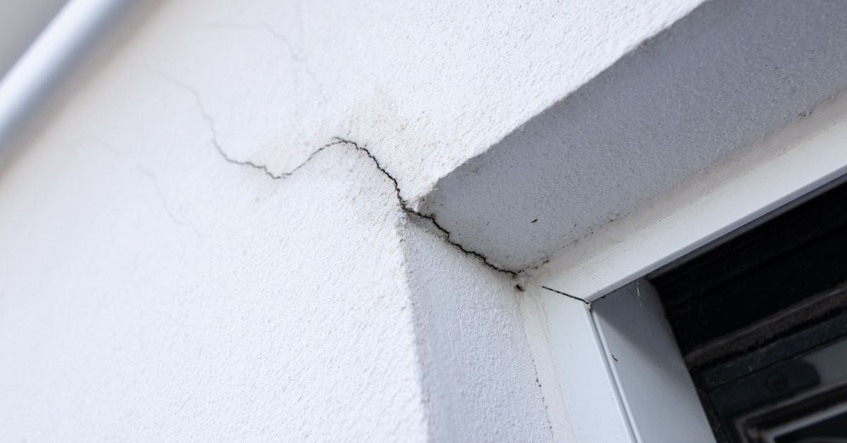 A white stucco wall with a wide crack that extends from the top of the wall to the corner of a door frame.