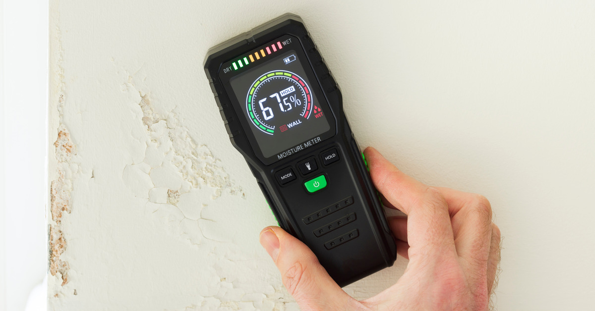 A person's hand holds a black moisture meter against a plain white wall. The meter is reading 67.5 percent.