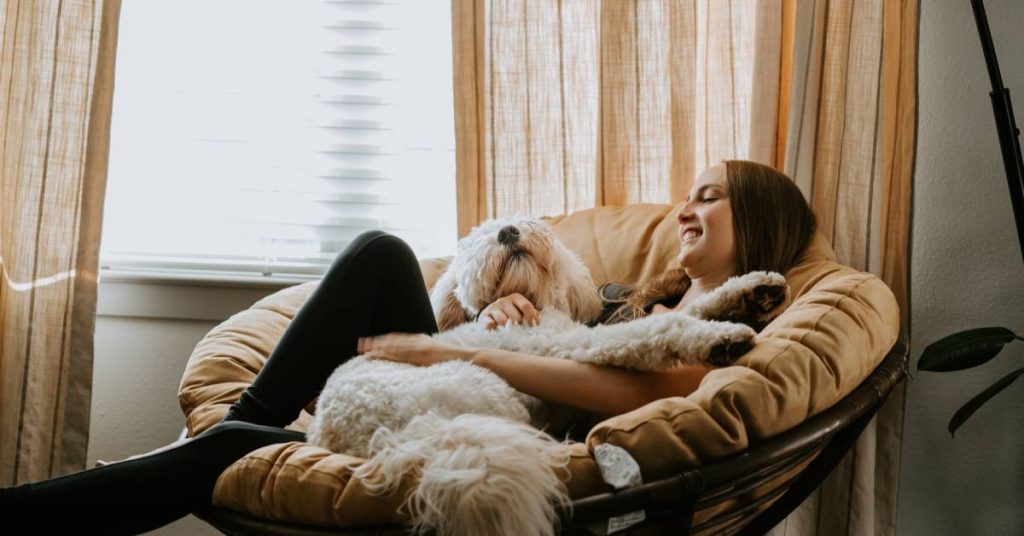 A woman lies in a comfy chair with her big white dog on her lap, smiling while light floods in through a window next to her.